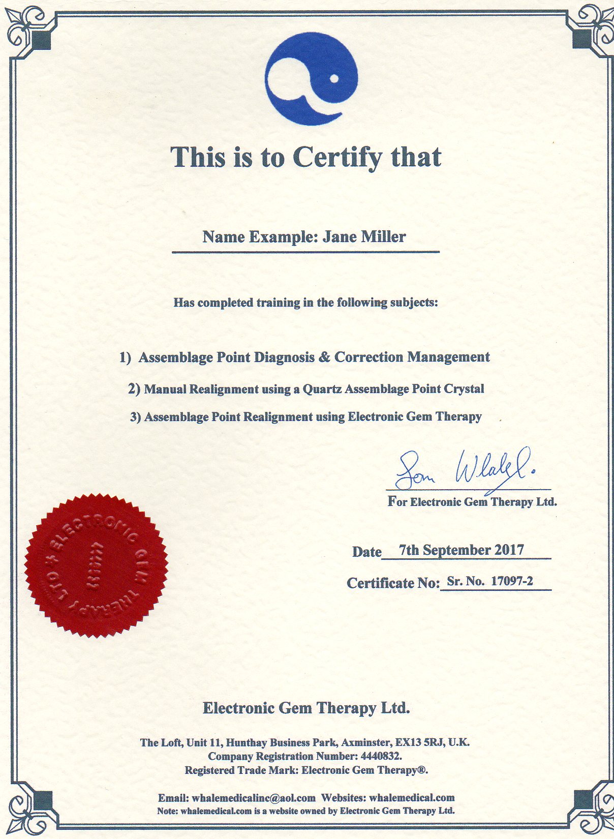 Assemblage Point Training Certificates Whale Medical